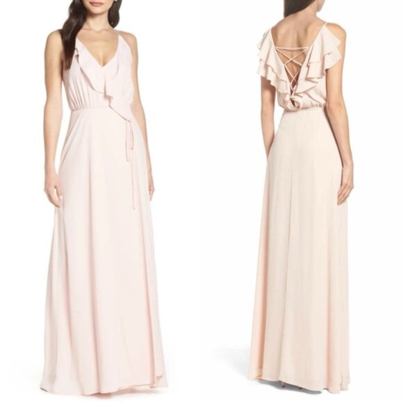 WAYF The Jamie Maxi Dress Ruffle Wrap Attached Tie Waist Gown Ballet Pink XXS - Picture 1 of 16